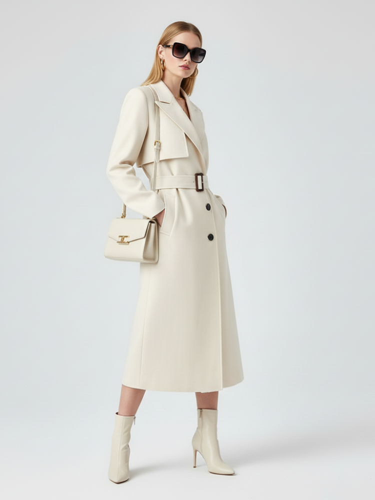 ZOLVIRE Off-White Cashmere Long Trench Coat
