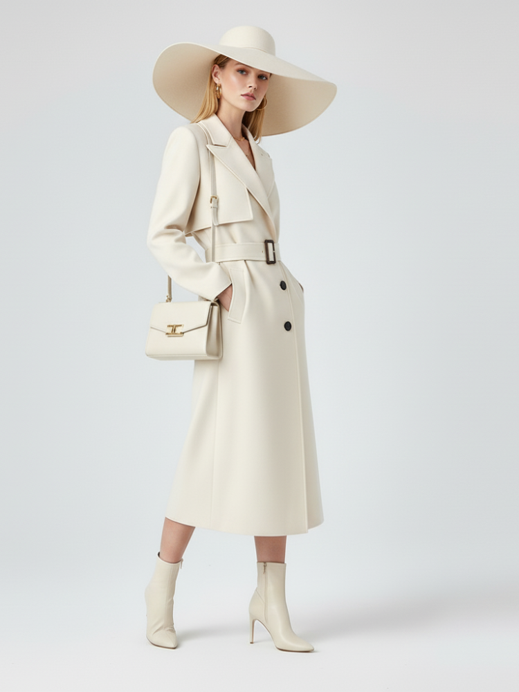 ZOLVIRE Off-White Cashmere Long Trench Coat
